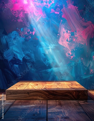 Wallpaper Mural Dramatic display stage with abstract blue and pink backdrop and wooden platform. Torontodigital.ca