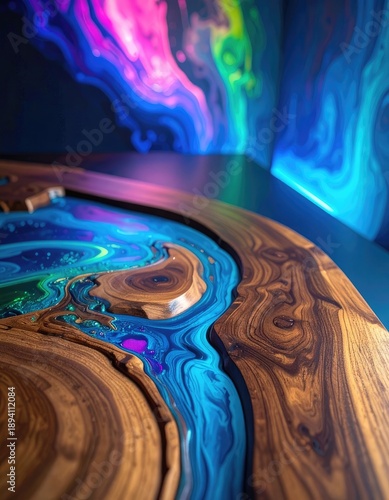 Wallpaper Mural A close-up view of a stunning live-edge wood table with brilliant blue and purple epoxy river inlay, set against a backdrop of vibrant, swirling neon lights. Torontodigital.ca