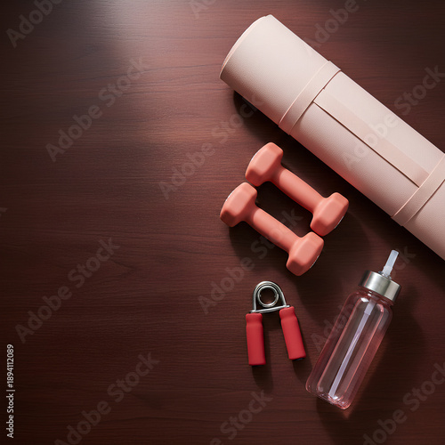 Wallpaper Mural High Angle View of Feminine Home Gym Accessories and Strength Training Tools Arranged Neatly on Dark Wooden Surface, Minimalist Aesthetic Fitness Equipment for Women’s Health and Exercise Motivation Torontodigital.ca
