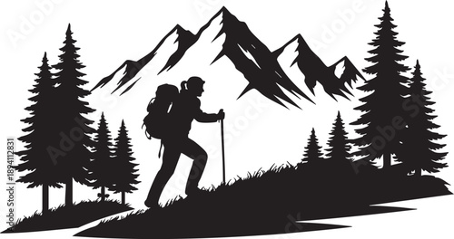 Minimalist Hiking Adventure Mountain Silhouette Vector

Outdoor Explorer Hiking Logo Black and White

Mountain Hiking Silhouette Emblem Vector Illustration

Backpacker Hiking in Mountains Monochrome L