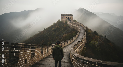 Lone traveler on the Great Wall of China, Jinshanling, amidst misty mountains. Cinematic, desaturated scene ideal for travel marketing, history documentaries, adventure content,