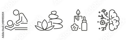 wellness icons, icon set of massage, spa, aromatherapy, mental health, line vector art