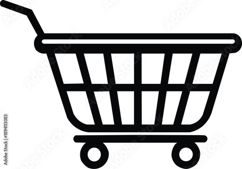 A simple black and white line icon illustration of a shopping cart, representing online commerce and retail business