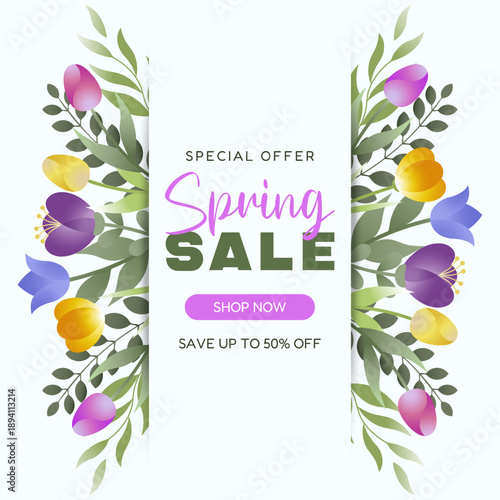 This square spring sale banner with gradient flowers