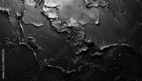 An abstract close-up of thickly applied, textured black and dark gray impasto oil paint.