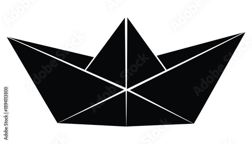 Black paper boat silhouette origami craft ship for childhood hobby adventure vector illustration