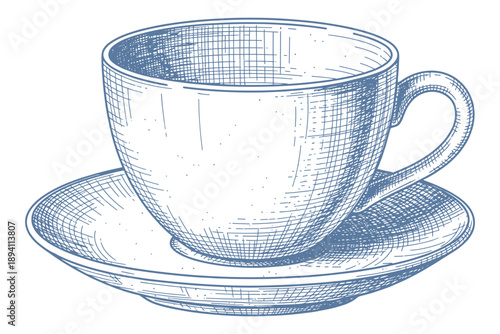 Blue etched coffee cup and saucer hand drawn sketch style for cafe beverage vector illustration