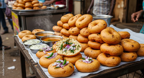 A tantalizing spread of freshly prepared South Indian street food, showcasing stacks of golden-brown Vadas with accompanying chutneys and sambar, offered at a vibrant market stall