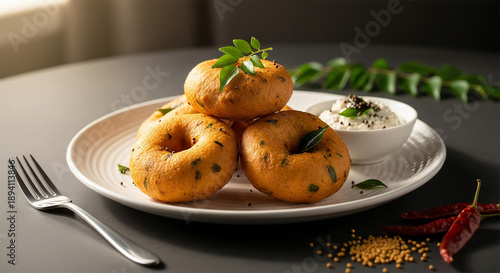 Delicious and crispy South Indian Vada, a traditional savory donut-shaped snack, elegantly served with a flavorful coconut chutney and aromatic spices