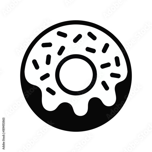 A black and white illustration of a glazed donut with sprinkles
