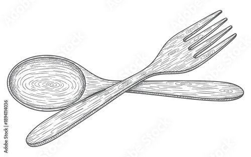Wooden spoon and fork vector illustration, hand-drawn style cutlery for rustic kitchen theme