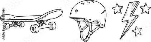Skateboard helmet and stars illustration set