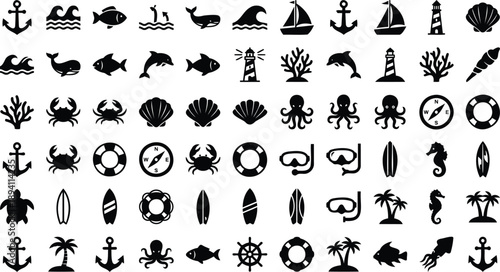 Nautical icons set including sea creatures and sailing symbols