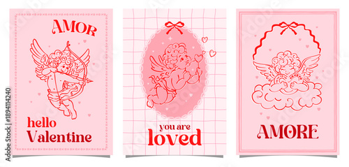 Amore, Valentine's  day celebration set of greeting cards with cupid, romantic, whimsy, wedding decoration,  creative, hand drawn elements, vector illustration