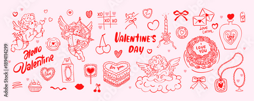 Valentine's Day whimsy big set of doodle drawn elements, sketch, coquette, February 14 celebration, creative vector illustration