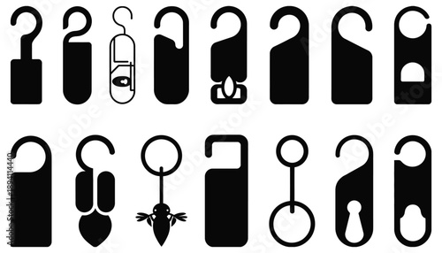 Door hanger silhouettes, sixteen diverse shapes including hooks, cutouts, rectangular and curved designs, vector illustration for signage and decoration.