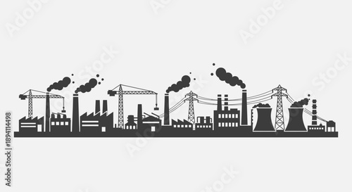 This image depicts an industrial skyline with factories emitting smoke, representing heavy manufacturing.