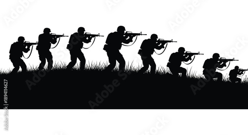 A line of soldiers advancing in a field weapons raised depicted as a striking black silhouette high quality professional detailed modern