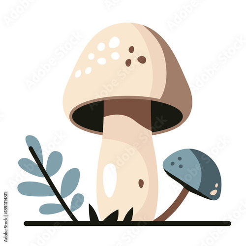 Mushroom icon. Edible forest fungi, cute colorful mushrooms in grass and leaves, autumn vegetable harvest childish cartoon style. Vector flat illustration