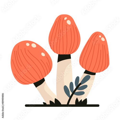Mushroom icon. Edible forest fungi, colorful honey agaric mushroom family bush in grass and leaves, autumn vegetable harvest cartoon style. Vector flat illustration