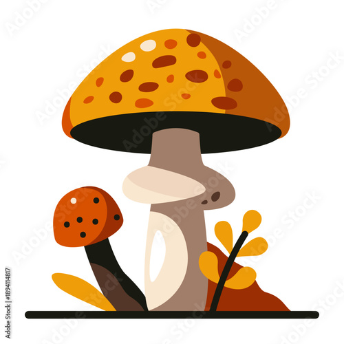 Mushroom icon. Edible forest fungi, colorful mushrooms in grass and leaves, autumn vegetable harvest cute cartoon style. Vector flat illustration
