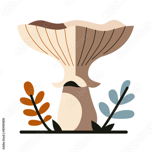 Mushroom icon. Cartoon forest fungi, cute colorful omphalotus olearius with grass and leaves flat style, poisonous autumn mushrooms. Vector isolated illustration