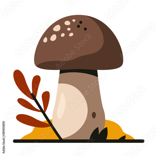 Mushroom icon. Edible forest fungi with brown cap, colorful champignon mushroom in grass and leaves, autumn vegetable harvest cute cartoon style. Vector flat illustration