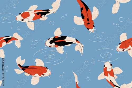 Koi fish pattern. Japanese carp seamless print, colorful oriental carp fish swim in pond background for wrapping paper, textile, wallpaper, fabric design. Vector cartoon texture