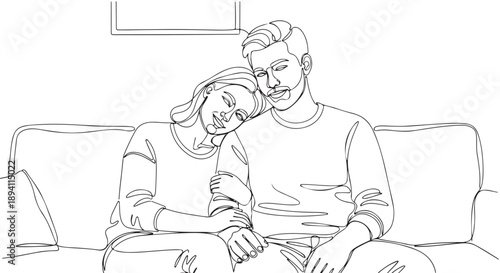 Relaxed couple finds comfort and solace, sharing an intimate moment of togetherness on a cozy couch in their peaceful home setting