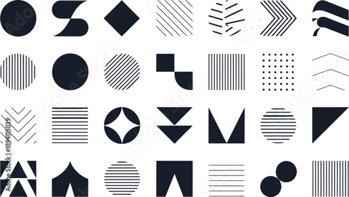 Geometric pattern with various black shapes and lines