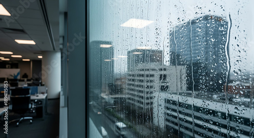 View from office window on city buildings through glass covered with rain drops. Rainy day in urban skyscraper and corporate workspace. Modern photography style.
