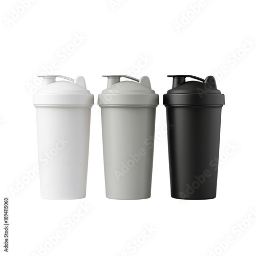 Wallpaper Mural Three Protein Shaker Bottles - White, Gray, and Black on White Background Torontodigital.ca