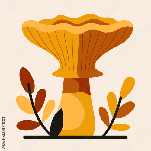 Golden chanterelle mushroom. Edible forest fungi with wide funnel-shaped caps, colorful mushroom vegetable in grass and leaves, autumn mushroom harvest. Vector flat illustration