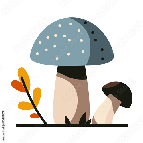 Fungus icon. Edible forest mushroom, ripe vegetable porcini fungi, colorful mushroom in grass and leaves, autumn mushroom harvest. Vector flat illustration