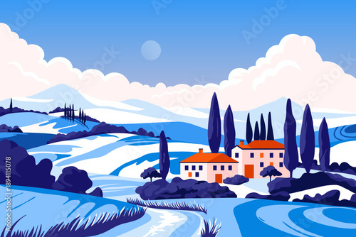 Italian fields winter landscape. Cartoon countryside panorama with Tuscany hills and village houses, rural valley with trees and snowy mountains. Vector illustration