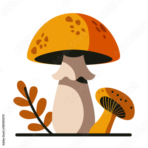 Fungus icon. Edible forest mushroom, ripe vegetable porcini fungi, colorful mushroom in grass and leaves, autumn mushrooms harvest. Vector flat illustration