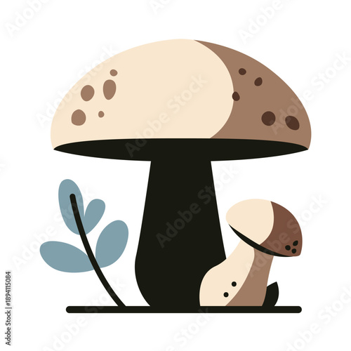 Champignon icon. Edible forest mushrooms, ripe vegetable porcini fungi, colorful mushroom with brown cup in grass and leaves, autumn mushrooms harvest. Vector flat illustration