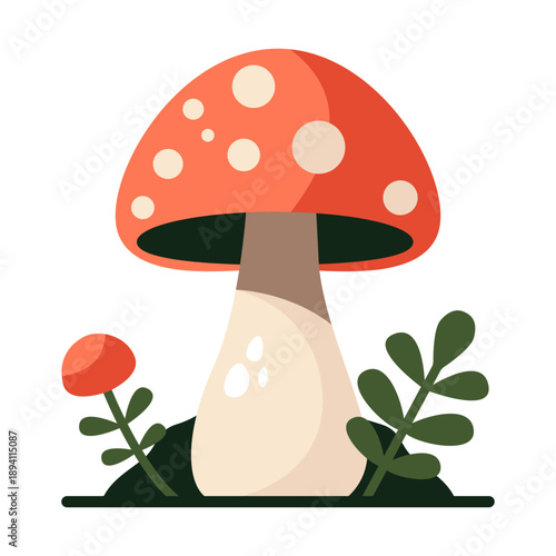 Amanita mushroom icon. Cartoon fly agaric hallucinogenic forest fungi, colorful toadstool mushroom red cup, poisonous autumn mushrooms with grass and leaves. Vector flat illustration