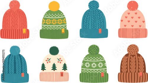 Set of colorful knitted winter beanie hats with pom poms and patterns isolated on white background, warm clothing vector illustration