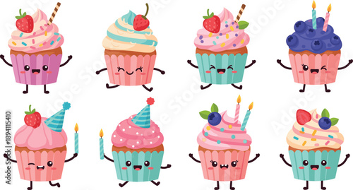 Set of cute cartoon cupcakes with faces, candles and fruit toppings isolated on white background, sweet dessert vector illustration
