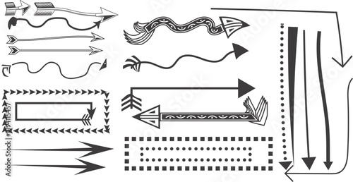 A collection of various black and white arrow graphics and pointers