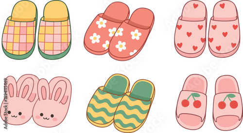 Set of cute kids slippers with bunny, heart and floral patterns isolated on white background, cozy footwear vector illustration