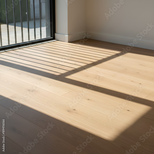 Wallpaper Mural Empty Modern Room Interior with Light Oak Hardwood Floor and Natural Sunlight Shadows from Balcony Railing Torontodigital.ca