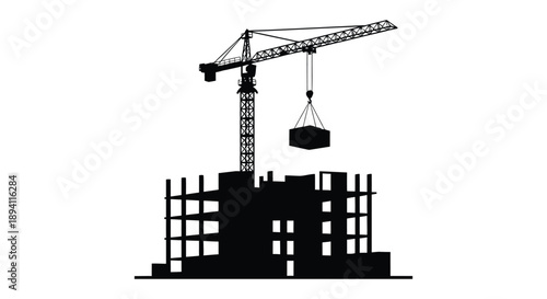 A stark black silhouette depicts a construction crane lifting materials near a partially built skyscraper silhouette high quality professional detailed modern