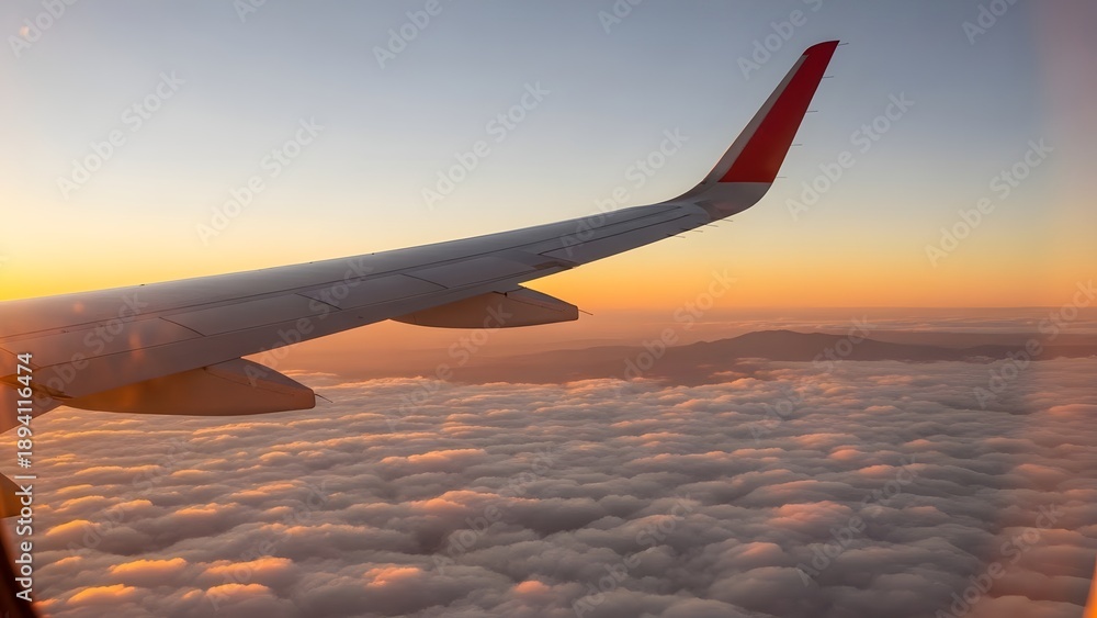 Obraz premium Airplane wing soaring through clouds during a breathtaking sunset