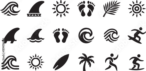 Black icons of surfing and beach symbols on white background