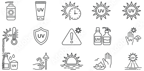 Sun Protection Icons: A collection of concise icons depicting sun protection measures, including sunscreen, UV warnings, and sun safety reminders.