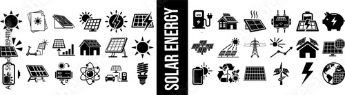 Mega Collection of 36 Solar Energy Icons featuring Solar Panels Sun Power Electricity Generation Renewable Energy Symbols and Eco-Friendly Smart Home Graphics