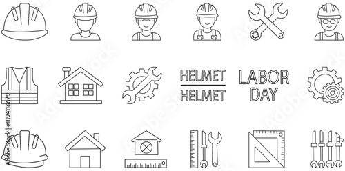Labor Day Icon Collection: A meticulously crafted assortment of Labor Day icons, highlighting essential symbols of labor, dedication, and the construction industry in simple style.