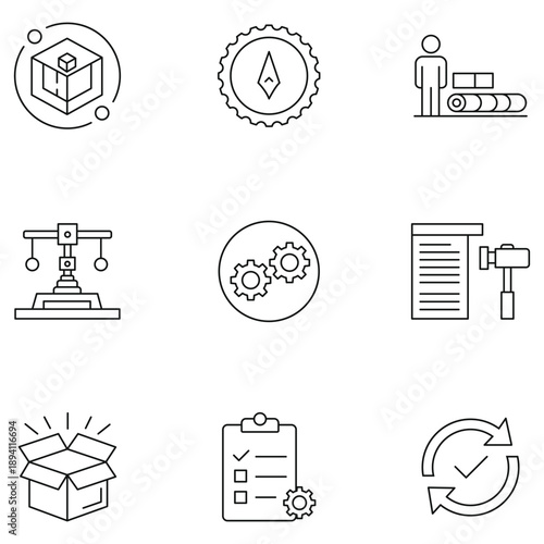 Iconic Industrial Set: A comprehensive collection of industrial icons, artfully illustrating essential elements of industry, engineering, and manufacturing. The set depicts various processes.